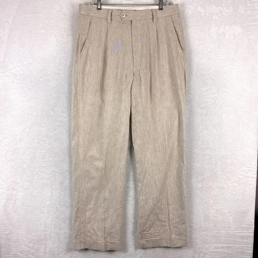 VTG Prestige Pants Men 34 Beige Linen Pleated Cuffed Preppy Summer Classic 90s